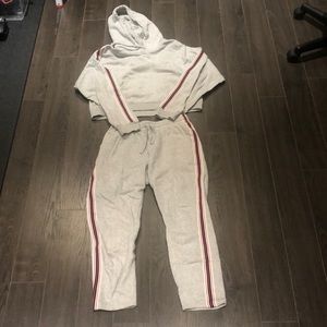 TNA grey sweatsuit hoodie and sweatpants with stripe